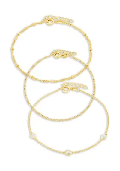 Gold Flash Plated Bead Station, Figaro, & Cubic Zirconia Bracelet Set