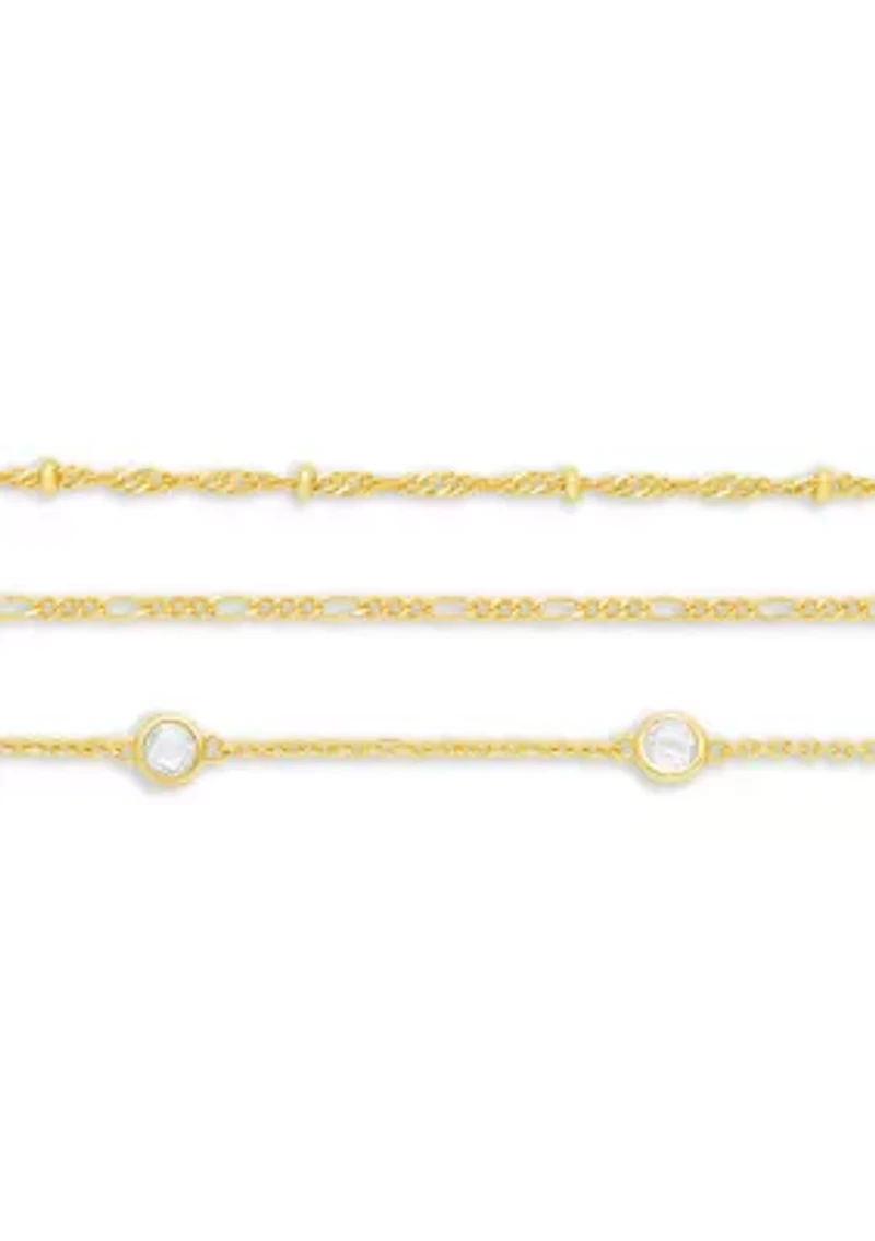 Gold Flash Plated Bead Station, Figaro, & Cubic Zirconia Bracelet Set