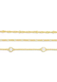 Gold Flash Plated Bead Station, Figaro, & Cubic Zirconia Bracelet Set