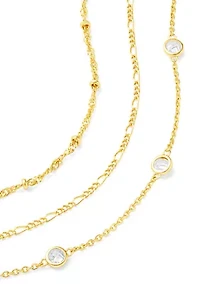 Gold Flash Plated Bead Station, Figaro, & Cubic Zirconia Bracelet Set