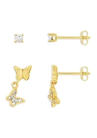 Fine Plated Cubic Zirconia Stud & Double Butterfly Drop Earrings Duo Set