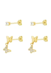 Fine Plated Cubic Zirconia Stud & Double Butterfly Drop Earrings Duo Set