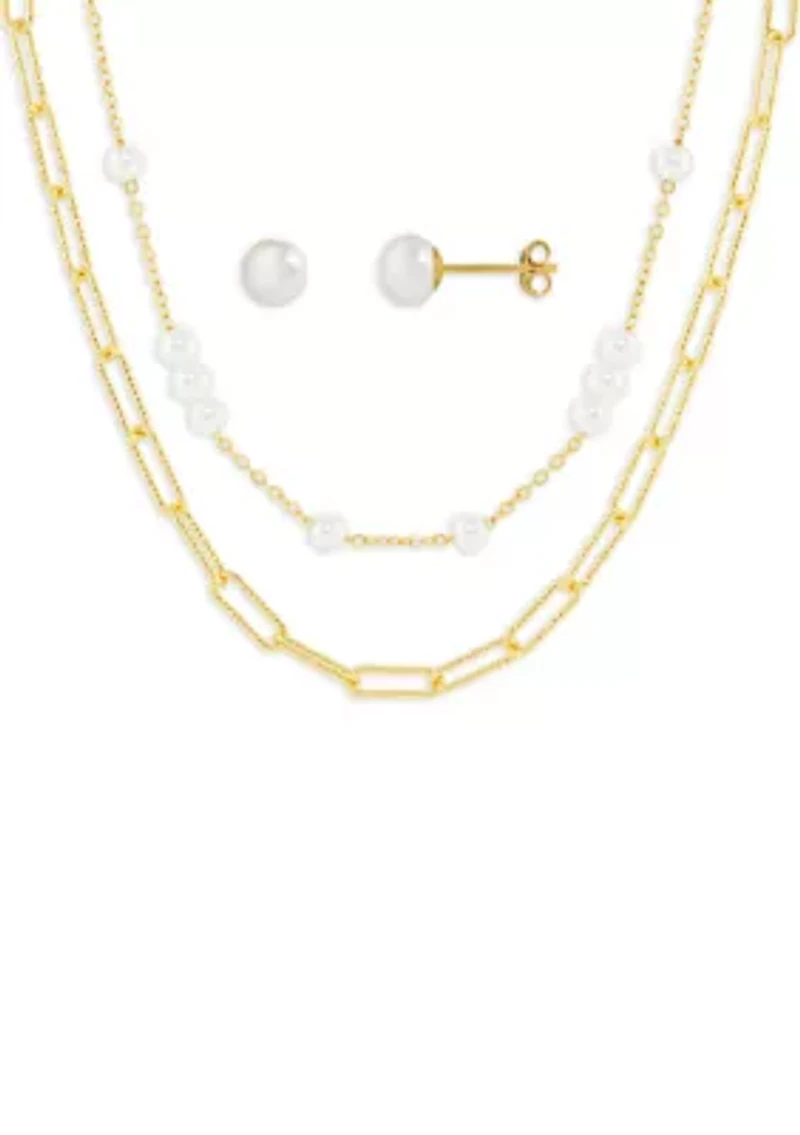 Gold Plated White Pearl Studs & Pearl Station Paperclip Double Layered Necklace Set