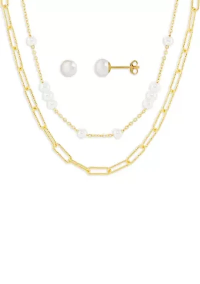Gold Plated White Pearl Studs & Pearl Station Paperclip Double Layered Necklace Set