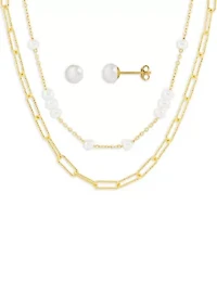 Gold Plated White Pearl Studs & Pearl Station Paperclip Double Layered Necklace Set