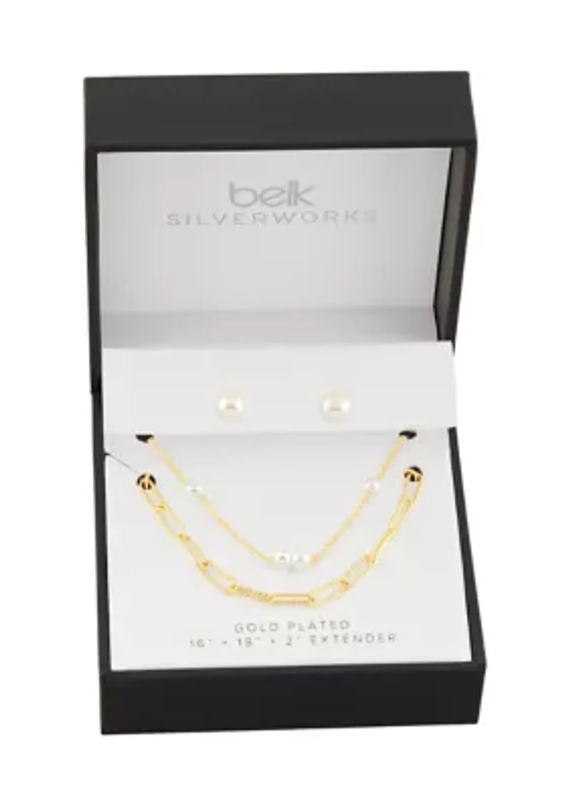 Gold Plated White Pearl Studs & Pearl Station Paperclip Double Layered Necklace Set