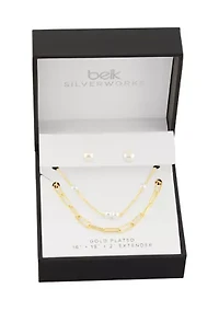 Gold Plated White Pearl Studs & Pearl Station Paperclip Double Layered Necklace Set
