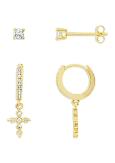  Round Cubic Zirconia Studs & Pavé Huggie Cross Drop Set