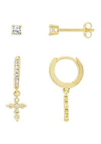  Round Cubic Zirconia Studs & Pavé Huggie Cross Drop Set