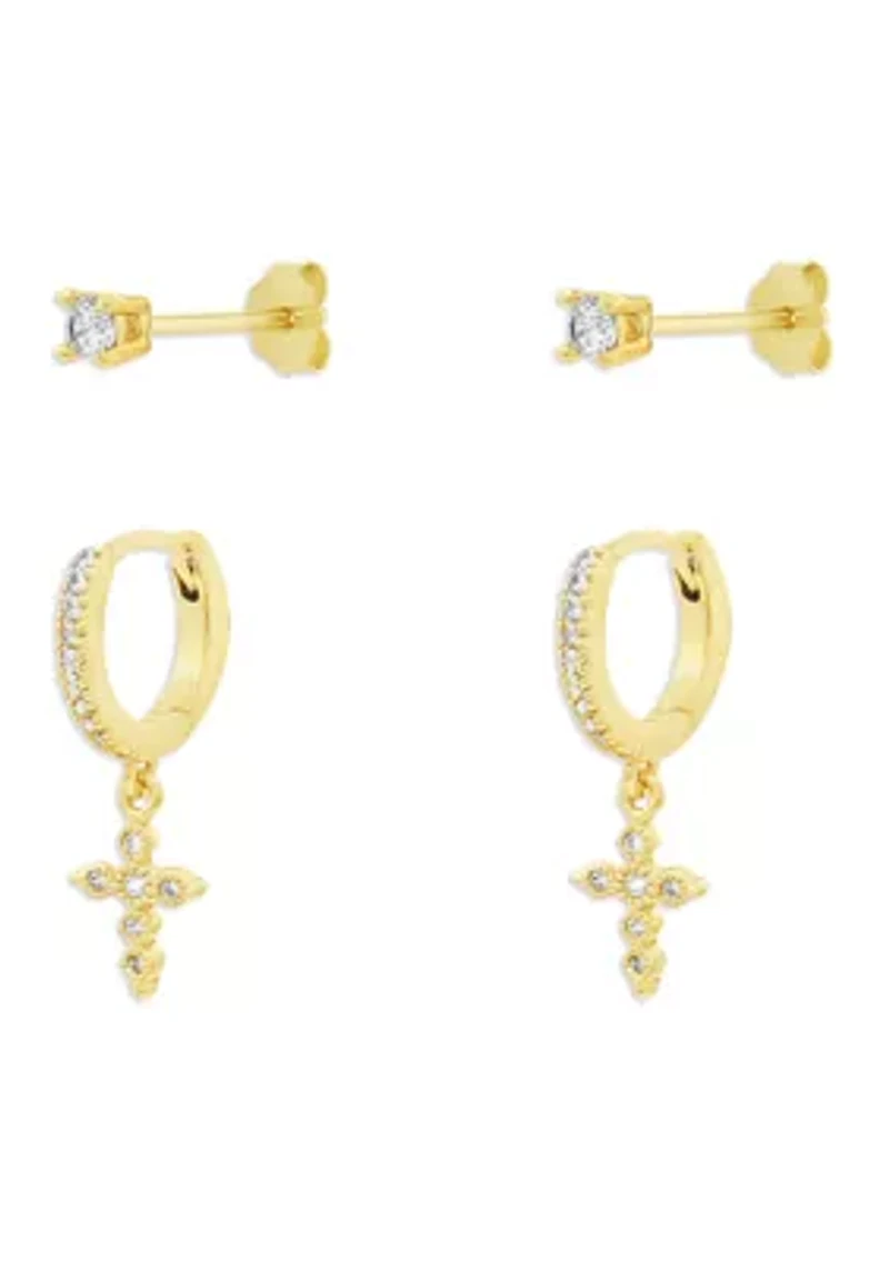Round Cubic Zirconia Studs & Pavé Huggie Cross Drop Set