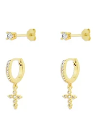  Round Cubic Zirconia Studs & Pavé Huggie Cross Drop Set