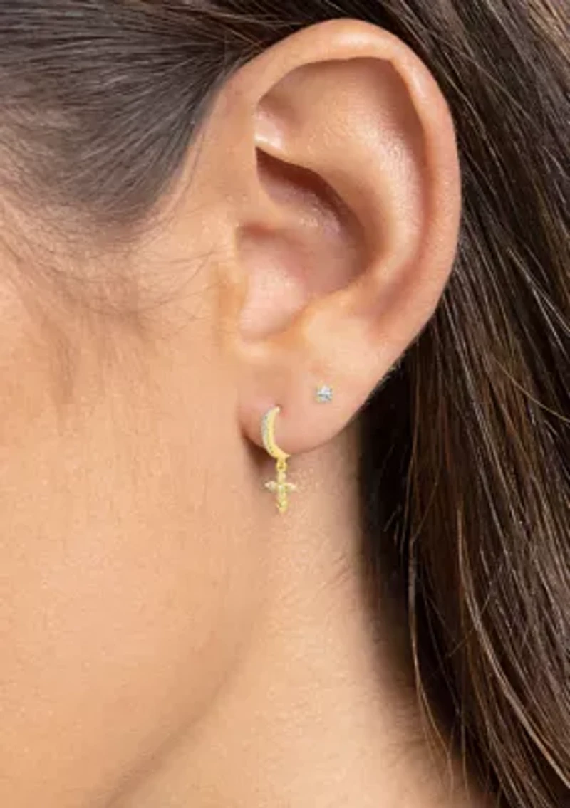 Round Cubic Zirconia Studs & Pavé Huggie Cross Drop Set