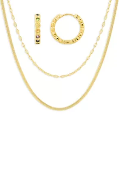 Cubic Zirconia Hoop & Beaded Singapore Double Layered Necklace Set