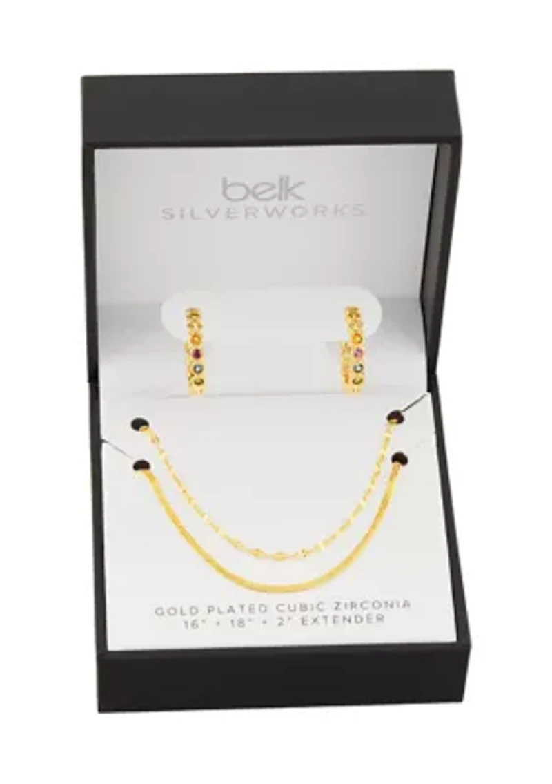 Cubic Zirconia Hoop & Beaded Singapore Double Layered Necklace Set