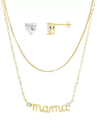 Gold Plated Cubic Zirconia Heart Stud & Box Mama Double Layered Necklace Set