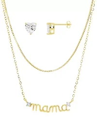 Gold Plated Cubic Zirconia Heart Stud & Box Mama Double Layered Necklace Set