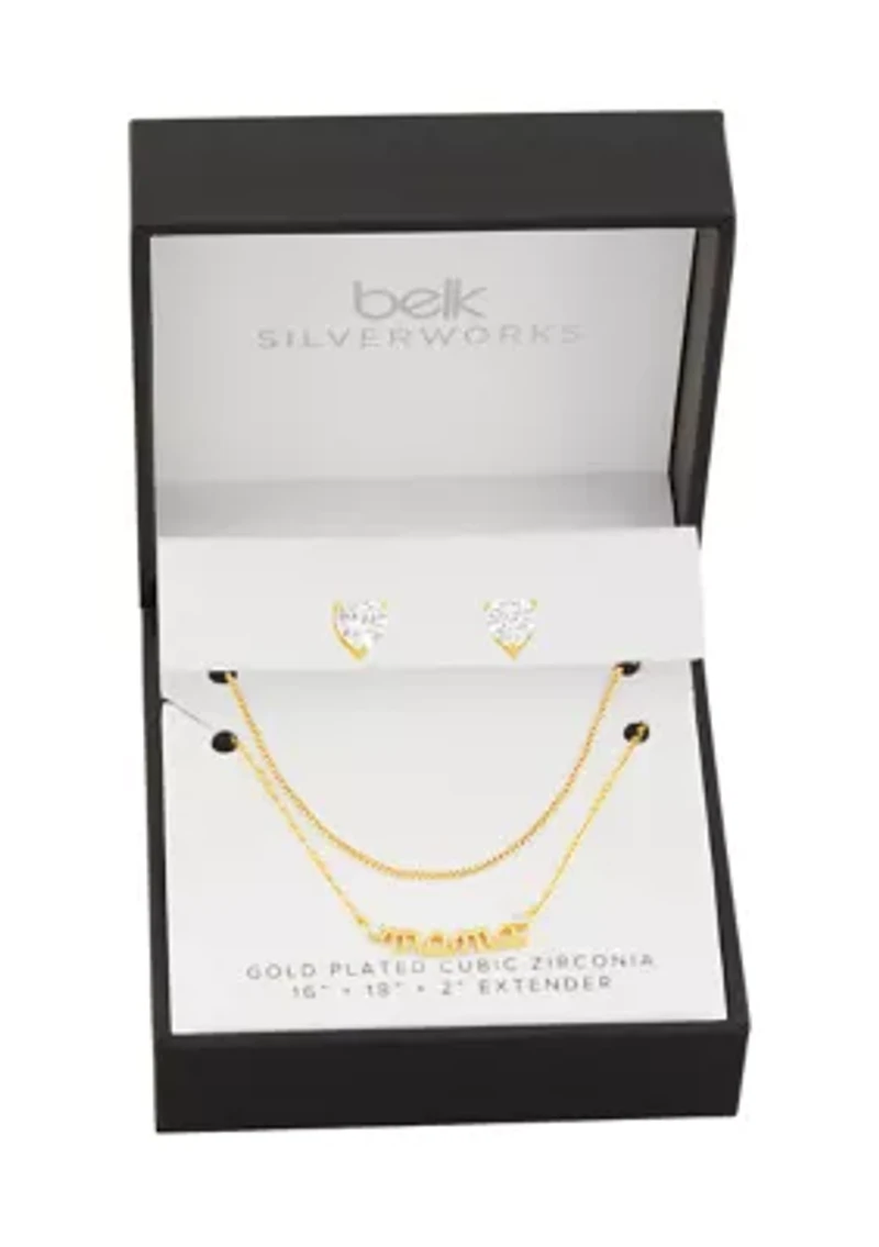 Gold Plated Cubic Zirconia Heart Stud & Box Mama Double Layered Necklace Set