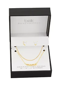 Gold Plated Cubic Zirconia Heart Stud & Box Mama Double Layered Necklace Set
