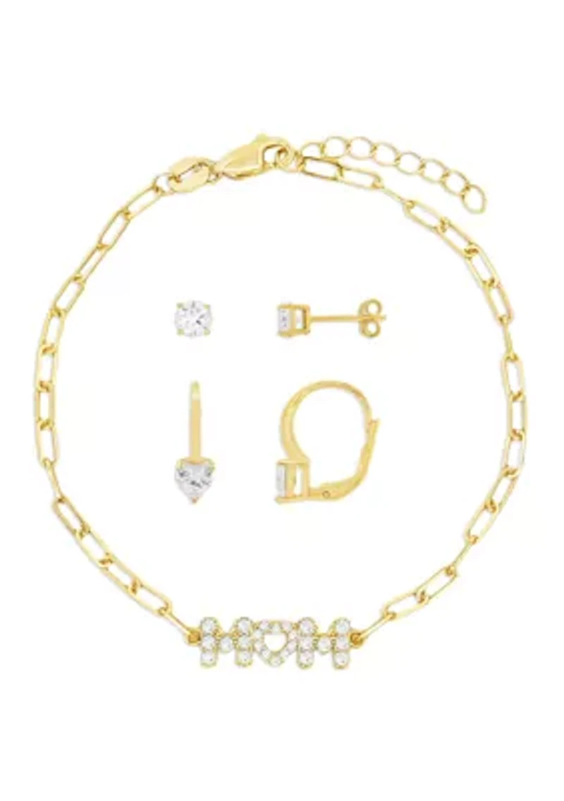 Gold Plated Round & Heart Cubic Zirconia Earrings & Pavecz Mom Bracelet Set