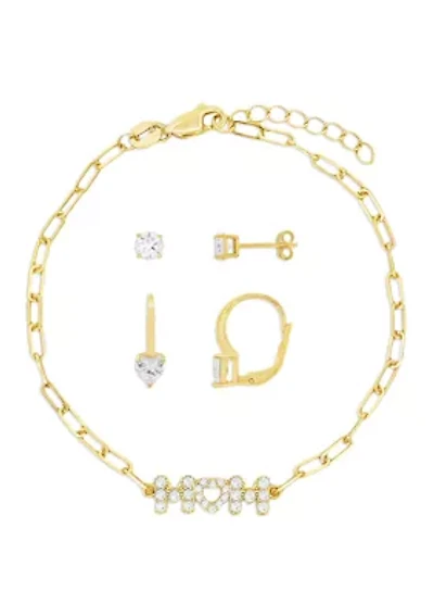 Gold Plated Round & Heart Cubic Zirconia Earrings & Pavecz Mom Bracelet Set