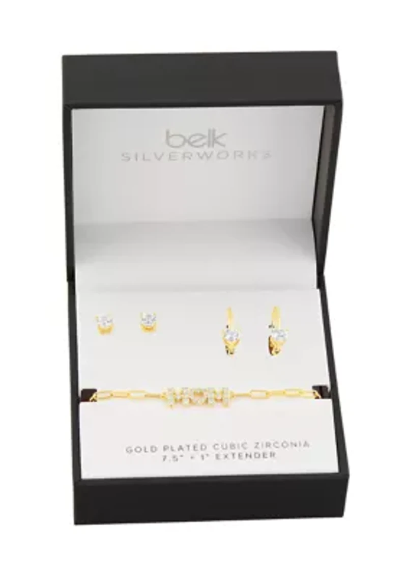 Gold Plated Round & Heart Cubic Zirconia Earrings & Pavecz Mom Bracelet Set