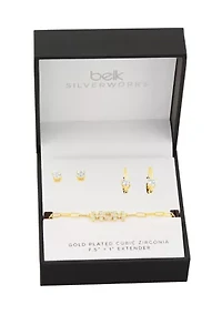 Gold Plated Round & Heart Cubic Zirconia Earrings & Pavecz Mom Bracelet Set