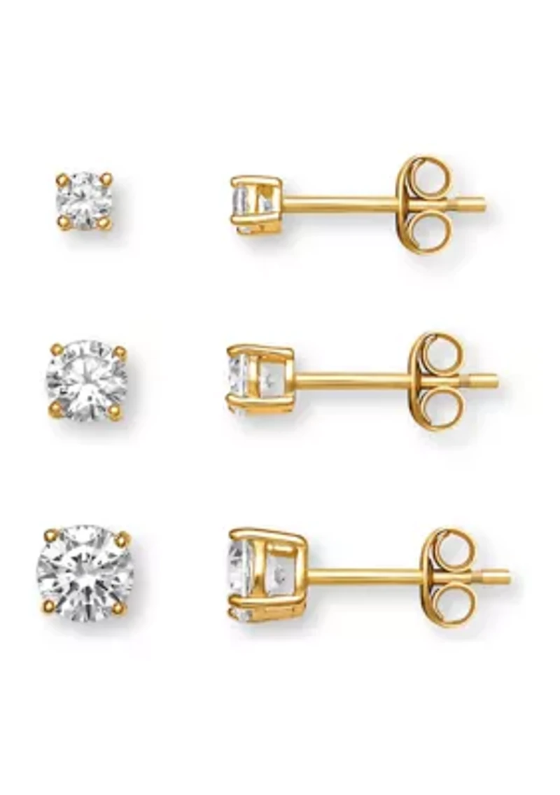 Sterling Silver Gold Plated 4-6 Millimeter Round Cubic Zirconia Studs Set