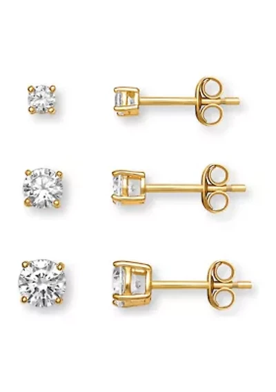 Sterling Silver Gold Plated 4-6 Millimeter Round Cubic Zirconia Studs Set