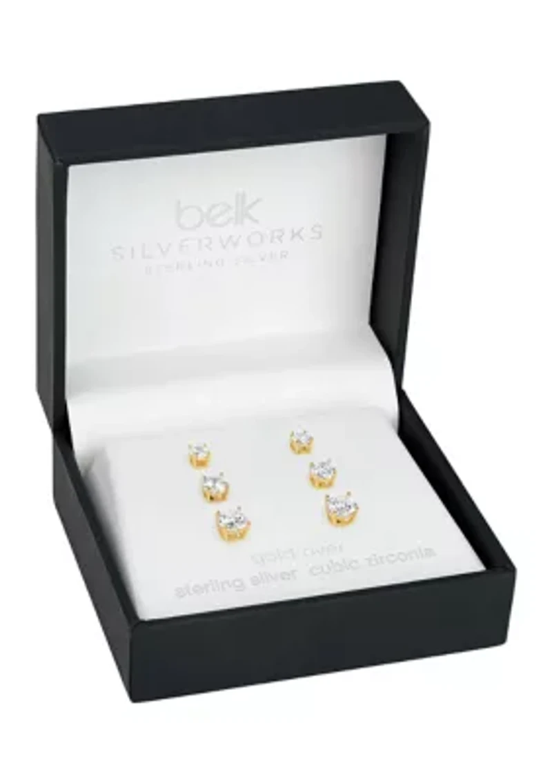 Sterling Silver Gold Plated 4-6 Millimeter Round Cubic Zirconia Studs Set
