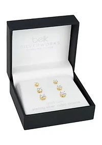 Sterling Silver Gold Plated 4-6 Millimeter Round Cubic Zirconia Studs Set