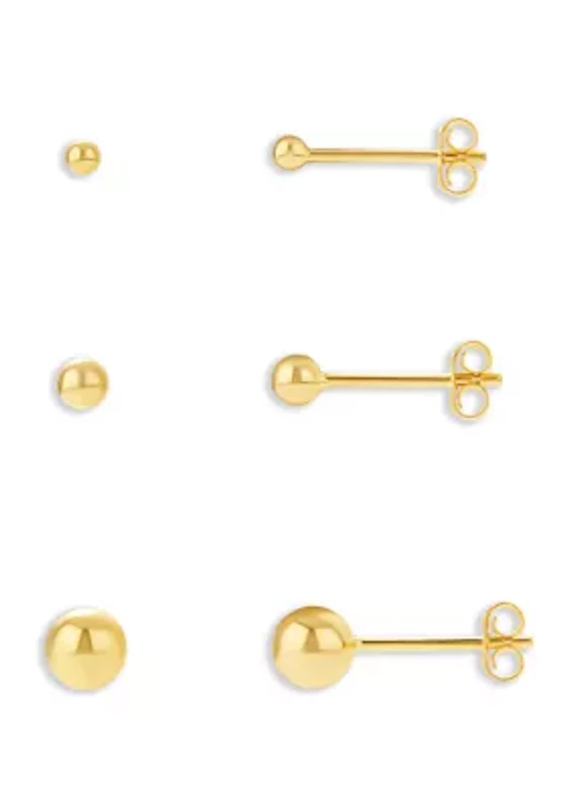 Gold Plated Sterling Silver 2 mm, 3 mm, 5 mm Ball Studs Trio Set