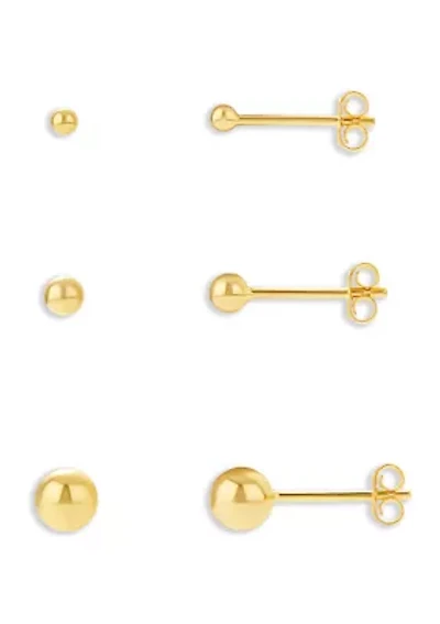 Gold Plated Sterling Silver 2 mm, 3 mm, 5 mm Ball Studs Trio Set