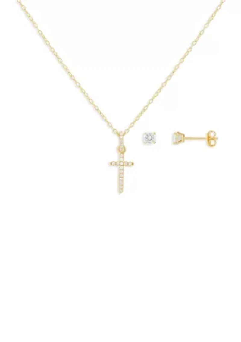 Gold Plated Sterling Silver Cubic Zirconia Round Studs & Cross Pendant Necklace Set