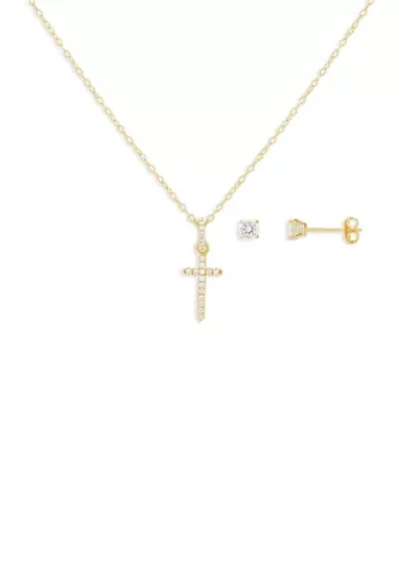 Gold Plated Sterling Silver Cubic Zirconia Round Studs & Cross Pendant Necklace Set