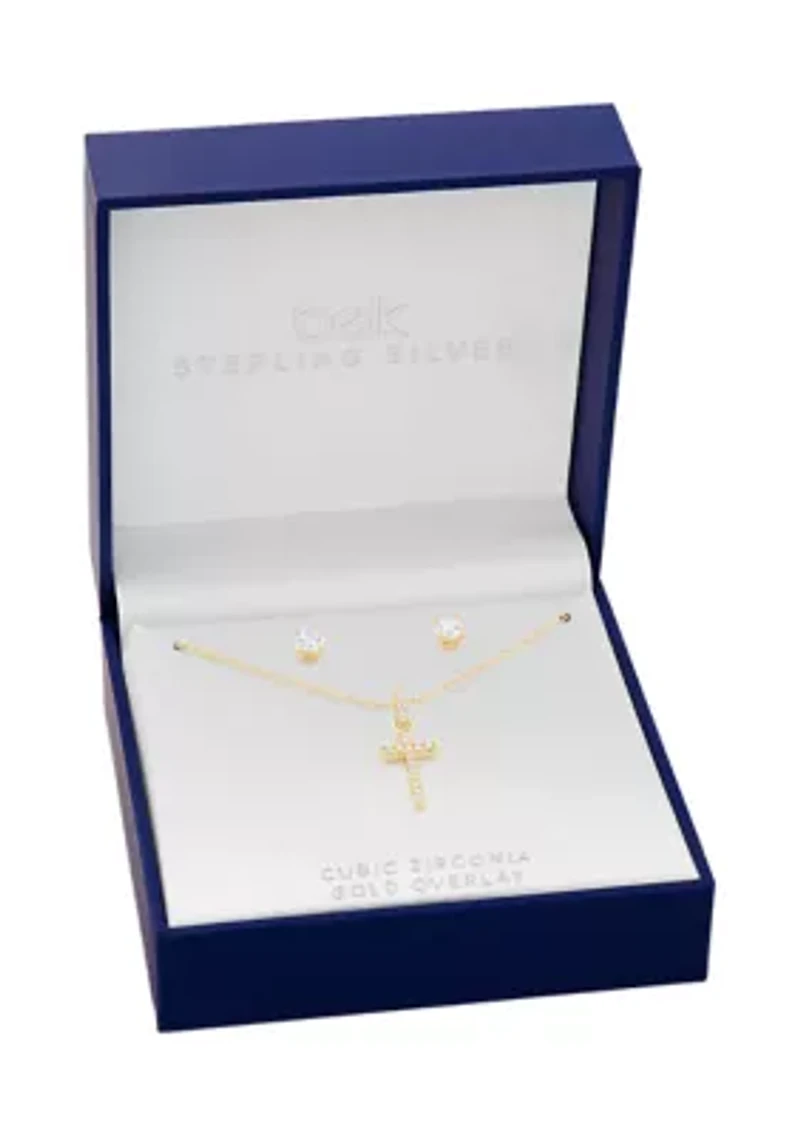 Gold Plated Sterling Silver Cubic Zirconia Round Studs & Cross Pendant Necklace Set