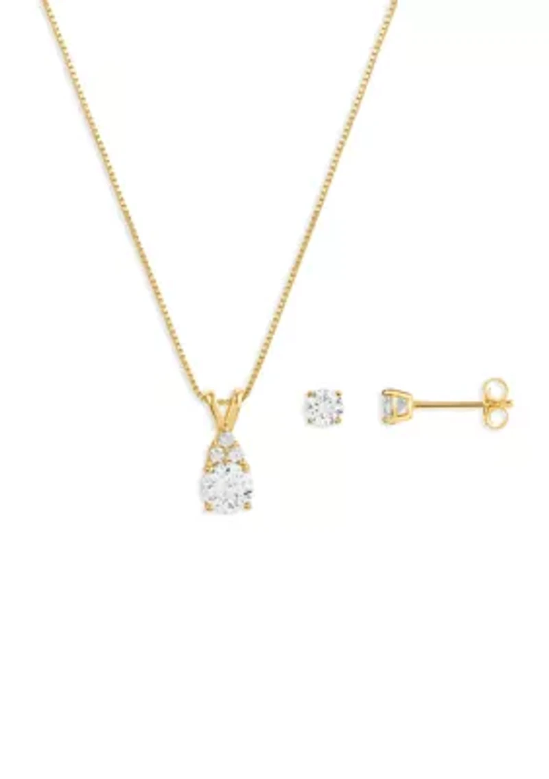 Gold Plated Sterling Silver Cubic Zirconia Round Studs & Round CZ Cluster Pendant Necklace Set