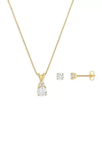 Gold Plated Sterling Silver Cubic Zirconia Round Studs & Round CZ Cluster Pendant Necklace Set
