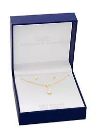 Gold Plated Sterling Silver Cubic Zirconia Round Studs & Round CZ Cluster Pendant Necklace Set