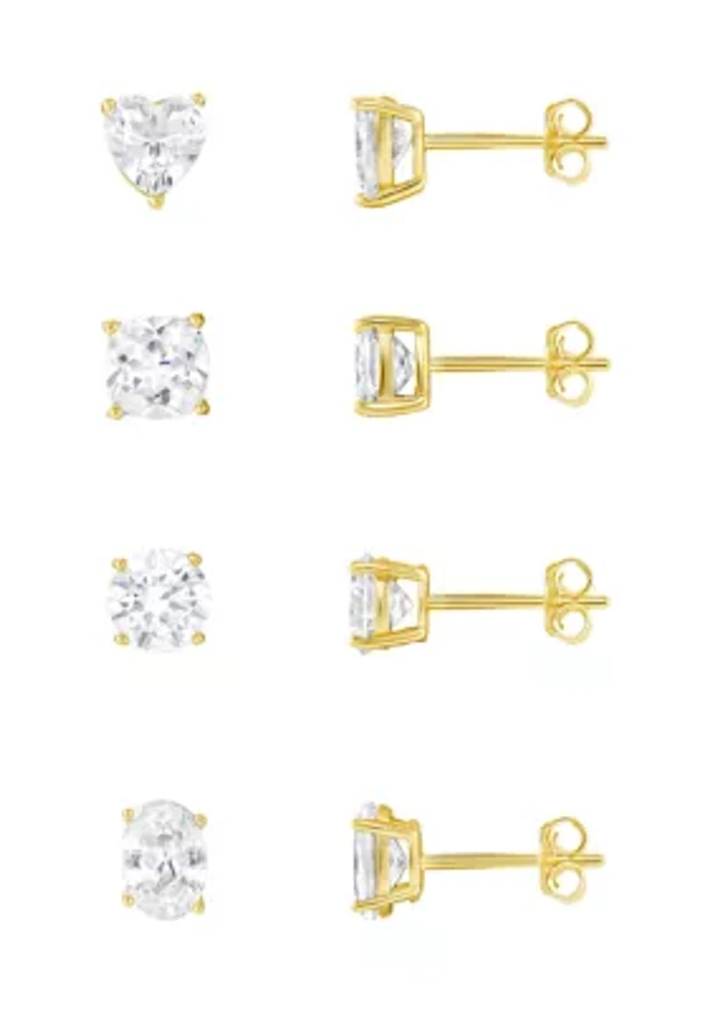 Sterling Silver Gold Plated Cubic Zirconia Multi Shape Studs 4-Pair Set
