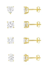 Sterling Silver Gold Plated Cubic Zirconia Multi Shape Studs 4-Pair Set