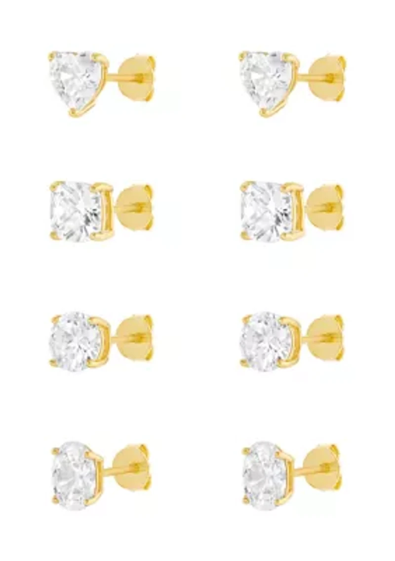 Sterling Silver Gold Plated Cubic Zirconia Multi Shape Studs 4-Pair Set