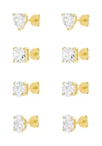 Sterling Silver Gold Plated Cubic Zirconia Multi Shape Studs 4-Pair Set