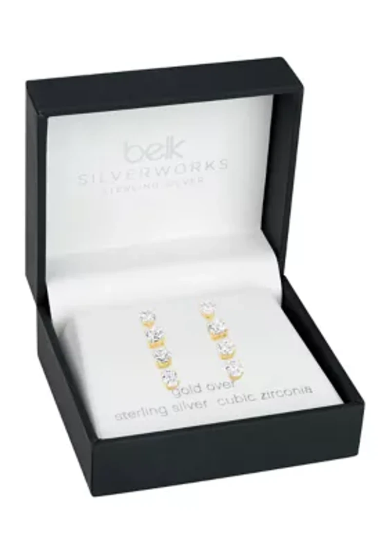 Sterling Silver Gold Plated Cubic Zirconia Multi Shape Studs 4-Pair Set