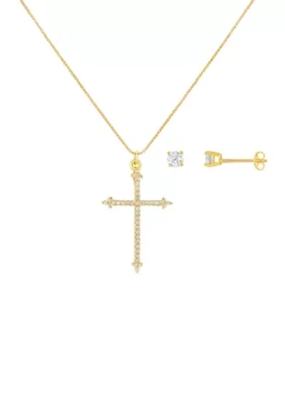 Sterling Silver Gold Plated Round Cubic Zirconia Studs Cross Pendant Set