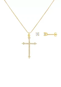 Sterling Silver Gold Plated Round Cubic Zirconia Studs Cross Pendant Set