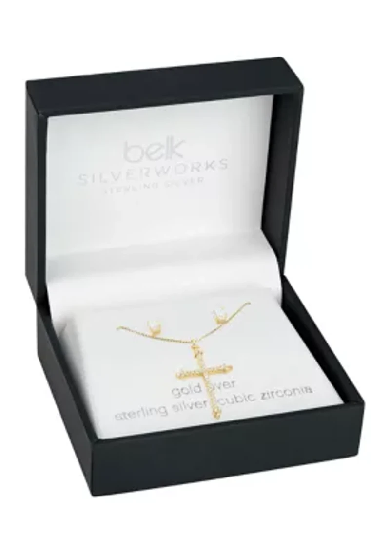 Sterling Silver Gold Plated Round Cubic Zirconia Studs Cross Pendant Set