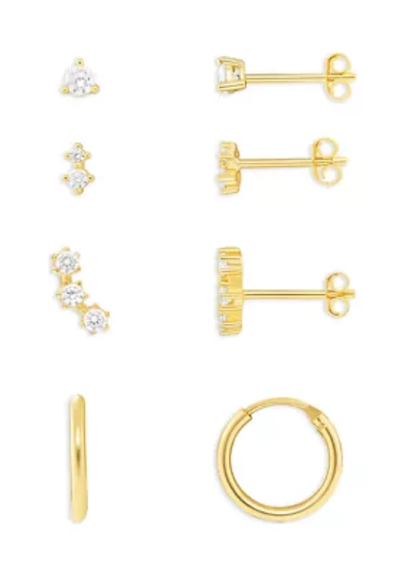 Gold Over Silver Silver Cubic Zirconia Stud, Double Stud, Crawler Stud & Endless Hoop Earring Set