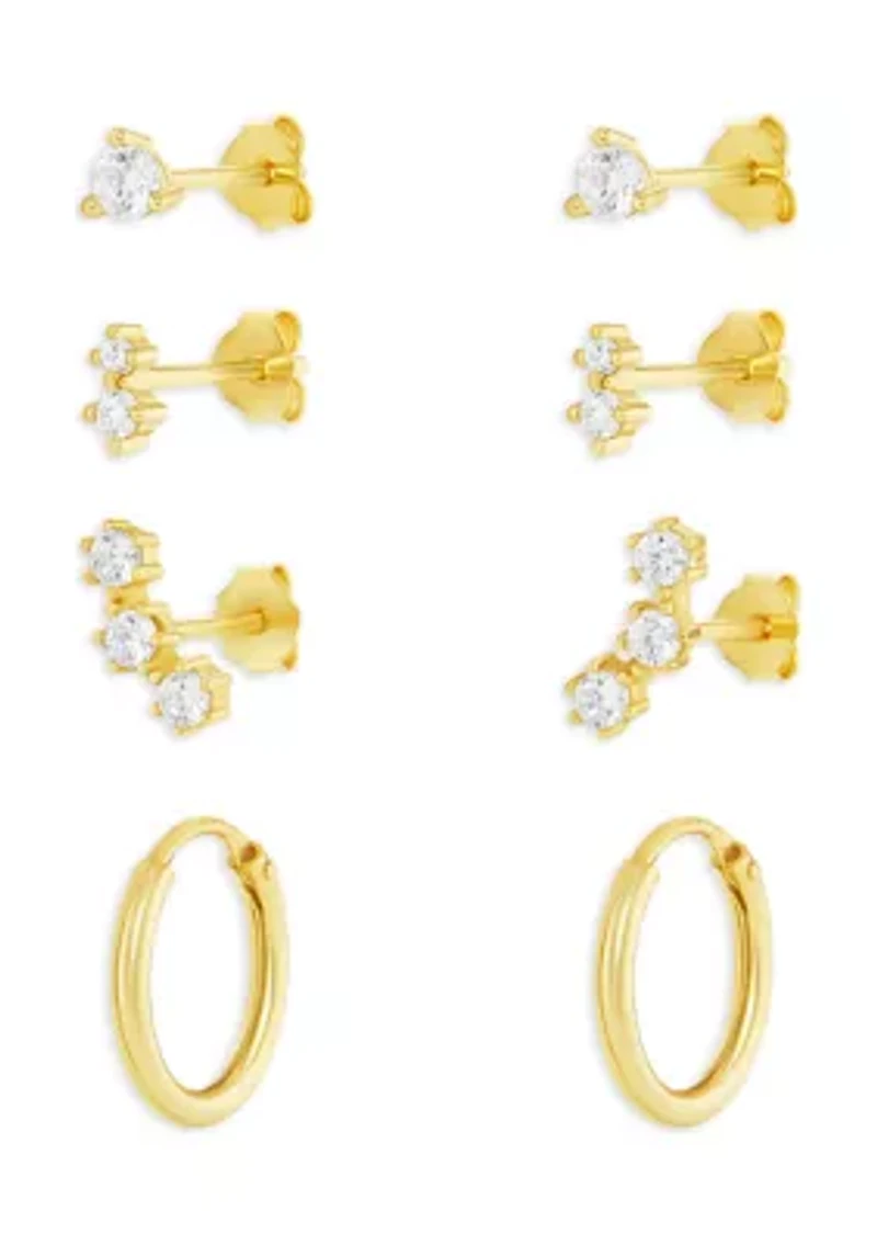 Gold Over Silver Silver Cubic Zirconia Stud, Double Stud, Crawler Stud & Endless Hoop Earring Set