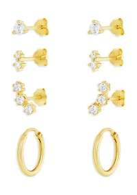 Gold Over Silver Silver Cubic Zirconia Stud, Double Stud, Crawler Stud & Endless Hoop Earring Set