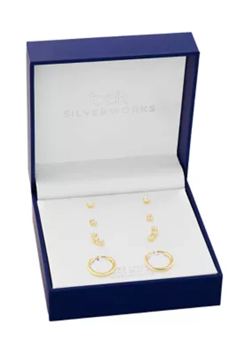 Gold Over Silver Silver Cubic Zirconia Stud, Double Stud, Crawler Stud & Endless Hoop Earring Set